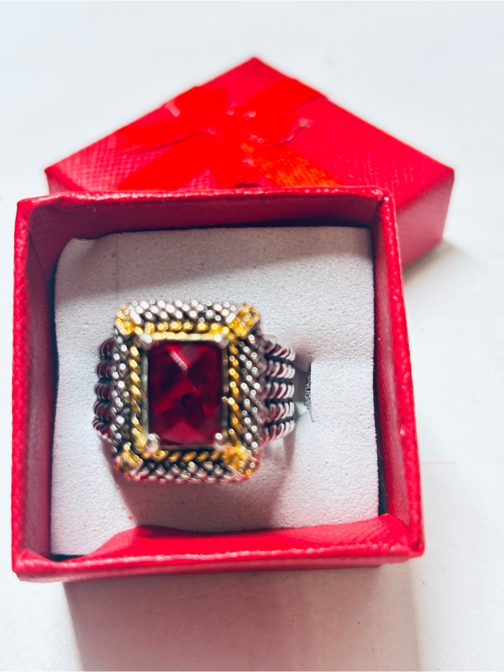 Vintage Style Two Tone Ruby Red Crystal Cable Statement Ring Size 7.75